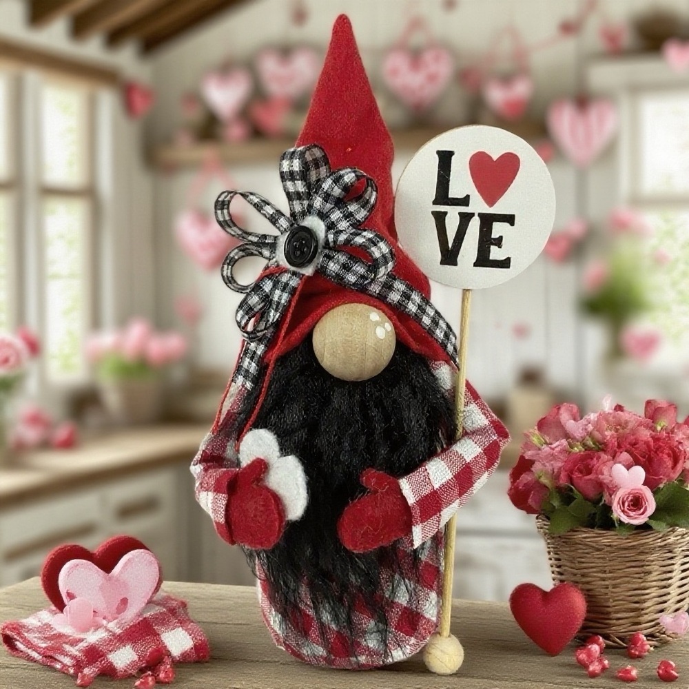 Valentine’s LOVE Gnome Red Plaid Check Black Heart Sign Handmade Romantic